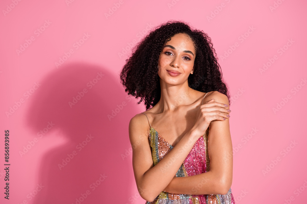 Photo portrait of lovely young lady embrace self dressed stylish sequins garment isolated on pink color background Photo portrait of lovely young lady embrace self dressed stylish sequins garment isolated on pink color background