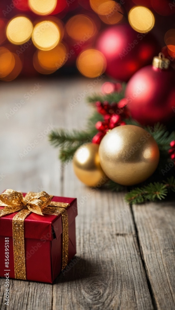 A red gift box with a gold bow sits on a wooden table surrounded by Christmas decorations and a blurry background of Christmas lights, copy space A red gift box with a gold bow sits on a wooden table surrounded by Christmas decorations and a blurry background of Christmas lights, copy space