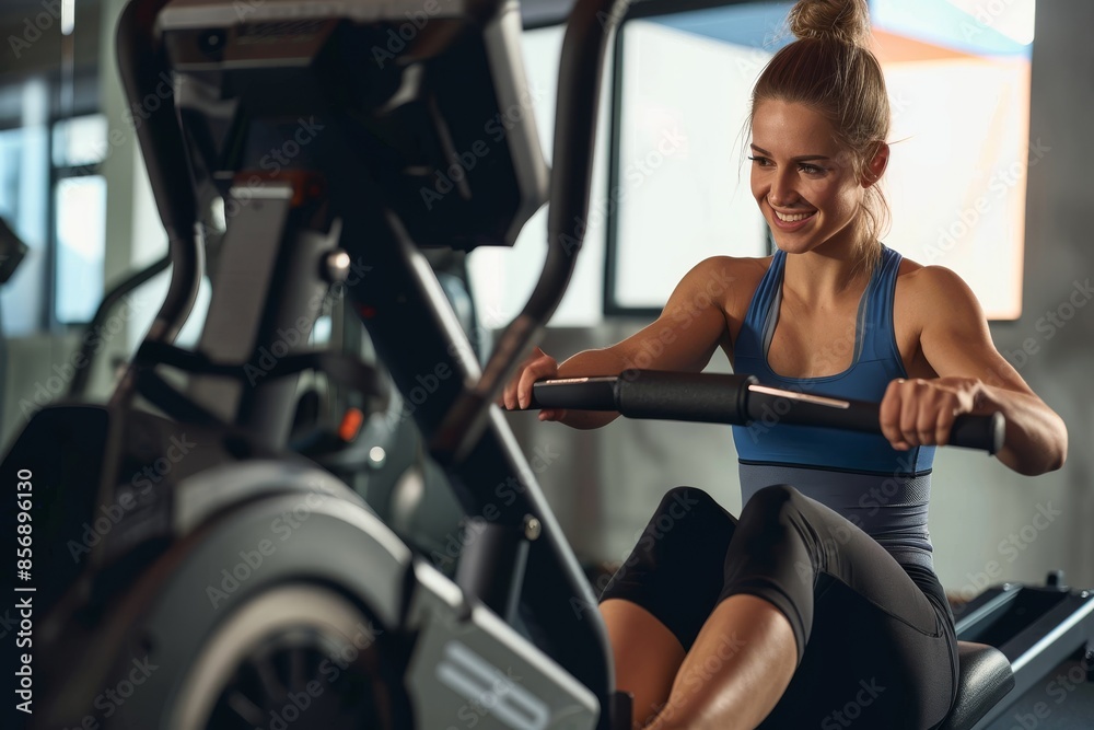 Dedicated athletic woman exercising on rowing machine in fitness center. Young happy sportswoman practicing on rowing machine in a gym. Dedicated athletic woman exercising on rowing machine in fitness center. Young happy sportswoman practicing on rowing machine in a gym.