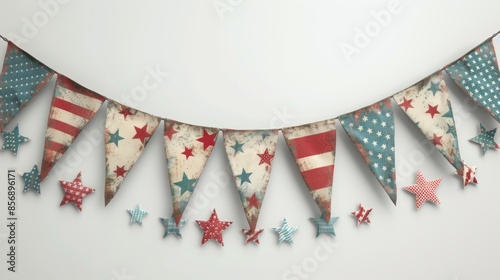 Patriotic pennant bunting with stars and stripes in red, white, and blue, perfect for festive decorations and celebrations.