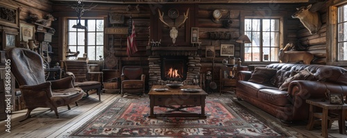 Rustic hunting lodge with taxidermy decor. photo