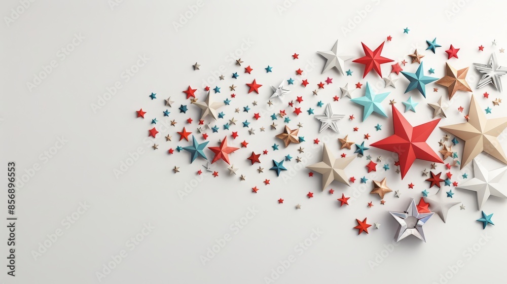 A festive arrangement of colorful stars in varying sizes on a white background, perfect for holiday or celebration themes.