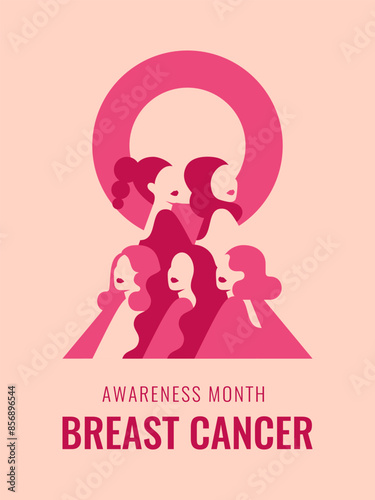 Women and pink ribbon as Breast cancer awareness symbol. Poster of support and solidarity with females fighting oncological disease. Vector illustration