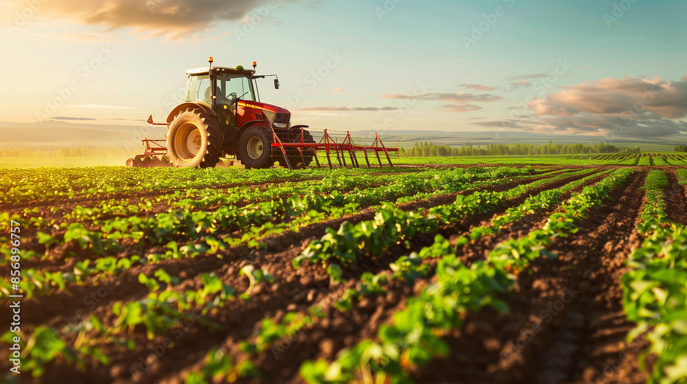 Tractor Working in an Agricultural Field at Sunset Tractor Working in an Agricultural Field at Sunset