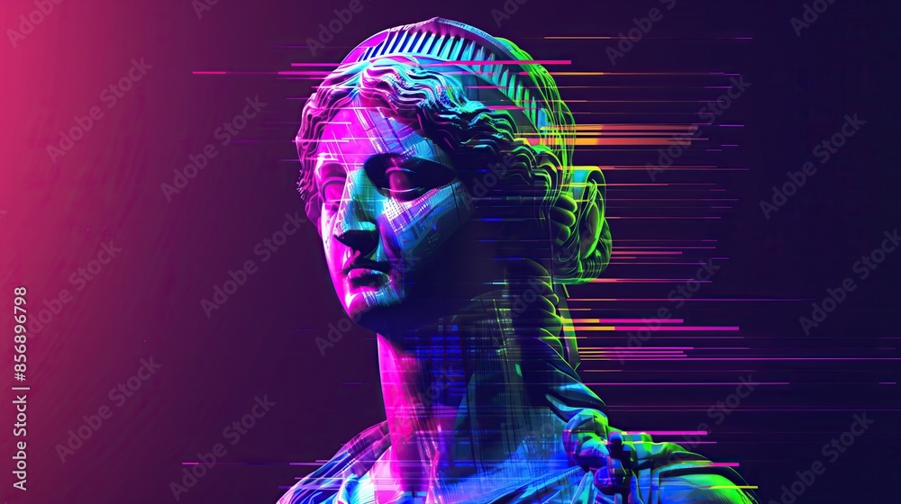 mona lisa classical statue with neon pink blue lighting modern digital glitch lines trails effect on dark background mona lisa classical statue with neon pink blue lighting modern digital glitch lines trails effect on dark background
