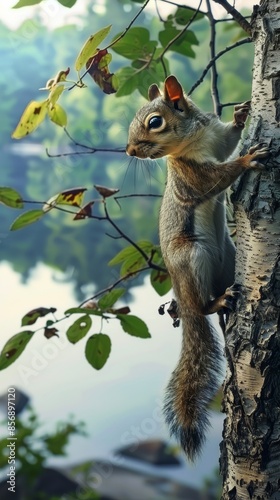 Squirrel climbing a tree in a serene forest, close-up view. Nature and wildlife exploration concept