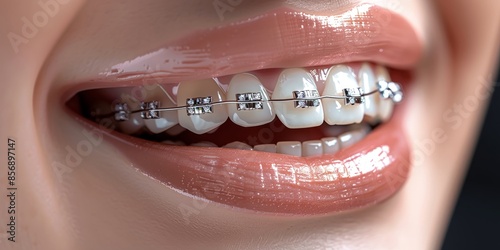 Close-up of Smiling Mouth with Dental Braces photo
