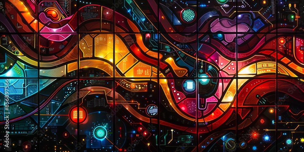 Obraz premium Vibrant Futuristic Abstract Digital Art with Multicolored Geometric Patterns