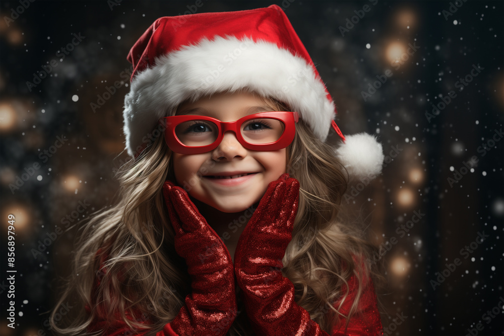 Portrait of a Girl in Santa Claus Hat, Red Glasses and Gloves, Super Hero for Christmas, Portrait of a Girl in Santa Claus Hat, Red Glasses and Gloves, Super Hero for Christmas,