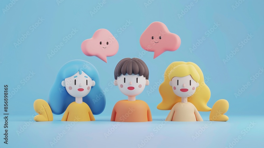 3D illustration of three cartoon characters communicating, with speech bubbles in a colorful setting on a blue background. 3D illustration of three cartoon characters communicating, with speech bubbles in a colorful setting on a blue background.