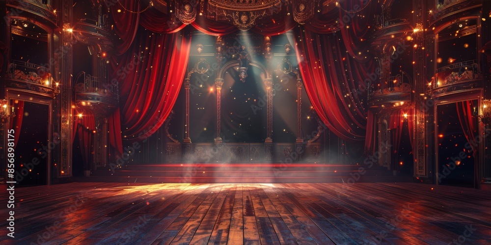 Grand Stage with Red Curtains and Spotlights