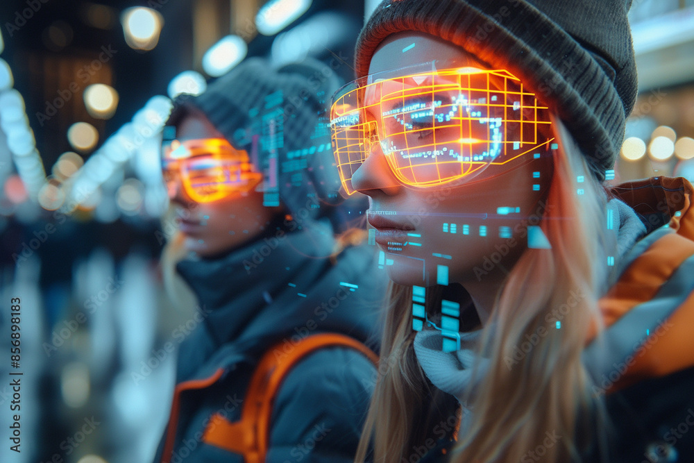 Two people wearing futuristic AR glasses in a vibrant city scene featuring neon lights and digital overlays.