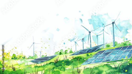 illustration of a green energy landscape with solar panels and wind turbines on a white background in the watercolor style © 沈军 贡
