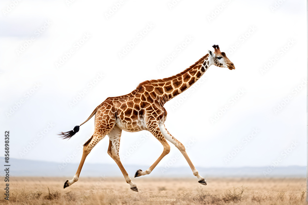 Fototapeta premium Young child giraffe running, isolated on white background