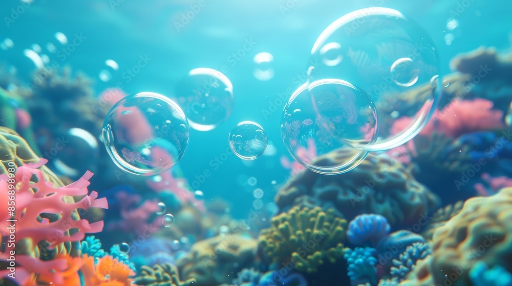 coral reef with air bubbles floating upwards in a clear blue ocean. coral reef with air bubbles floating upwards in a clear blue ocean.