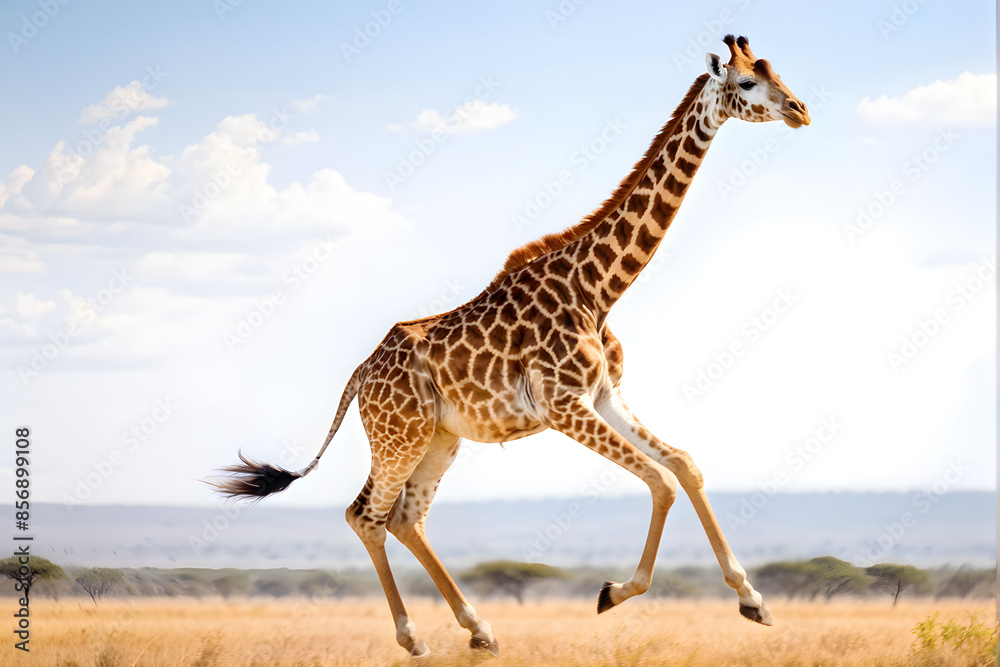 Fototapeta premium Young child giraffe running, isolated on white background