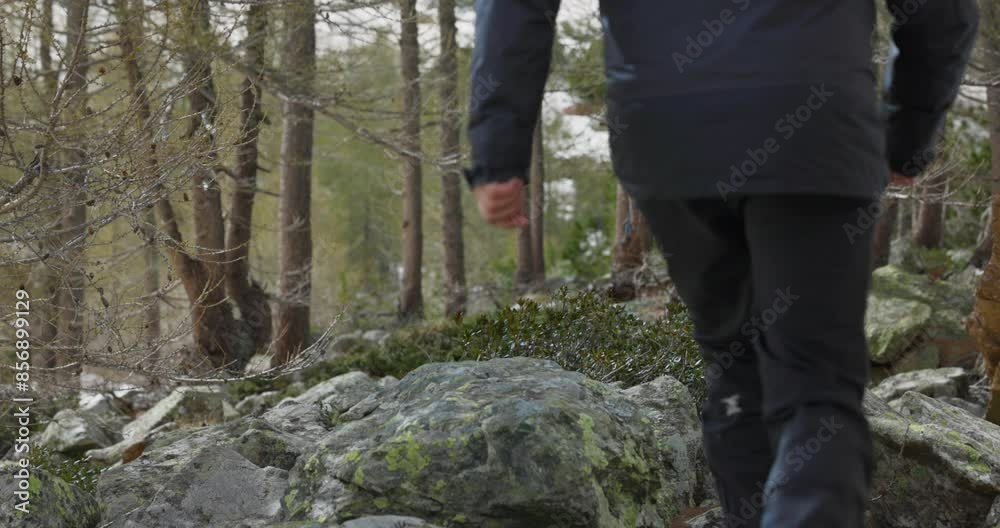man in black pants and hiking boots walks through forest and jumps onto rock man in black pants and hiking boots walks through forest and jumps onto rock