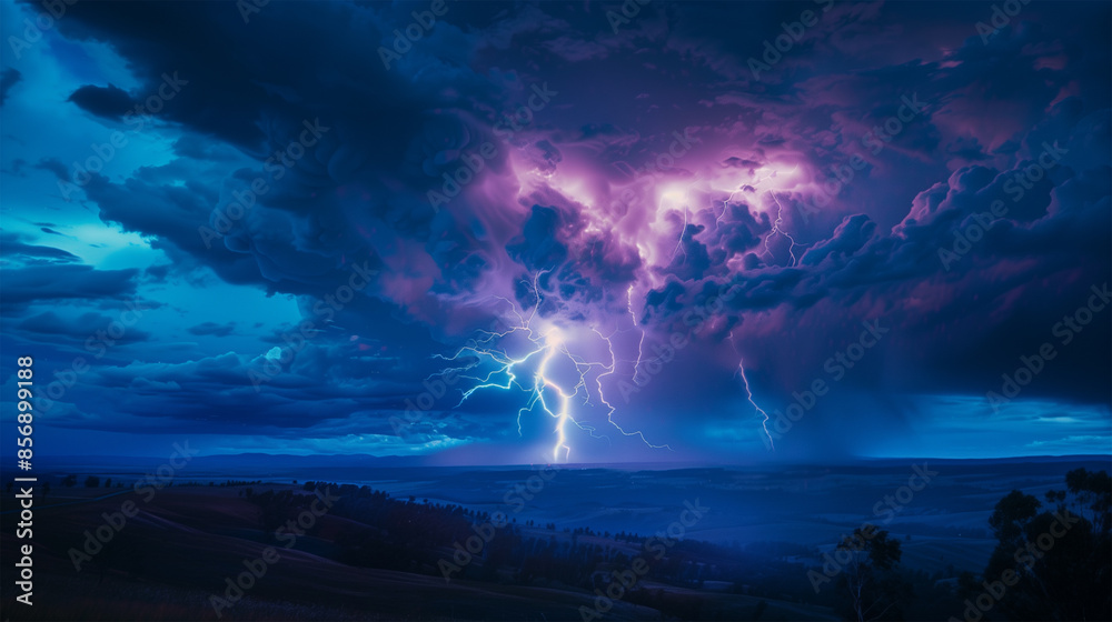 Nighttime Thunderstorm with Lightning Striking Across a Cloudy, Dark Blue and Pink Sky. Nighttime Thunderstorm with Lightning Striking Across a Cloudy, Dark Blue and Pink Sky.
