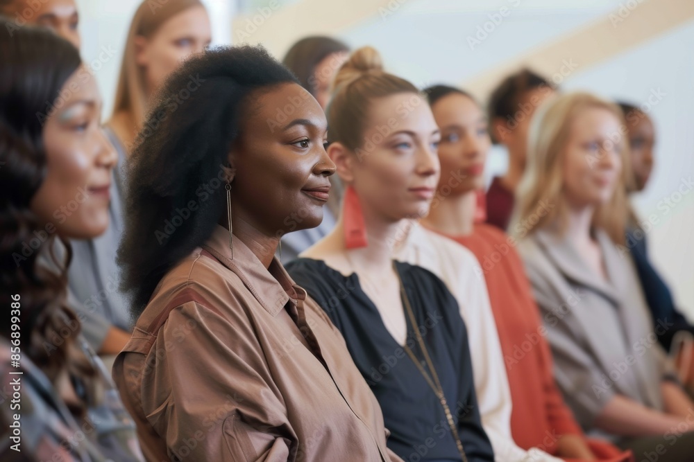 Diverse women in front row enjoy comments by unseen presenter