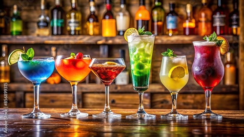 Array of five colorful cocktails on wooden bar counter showcasing variety of glassware, cocktails, array, wooden bar counter
