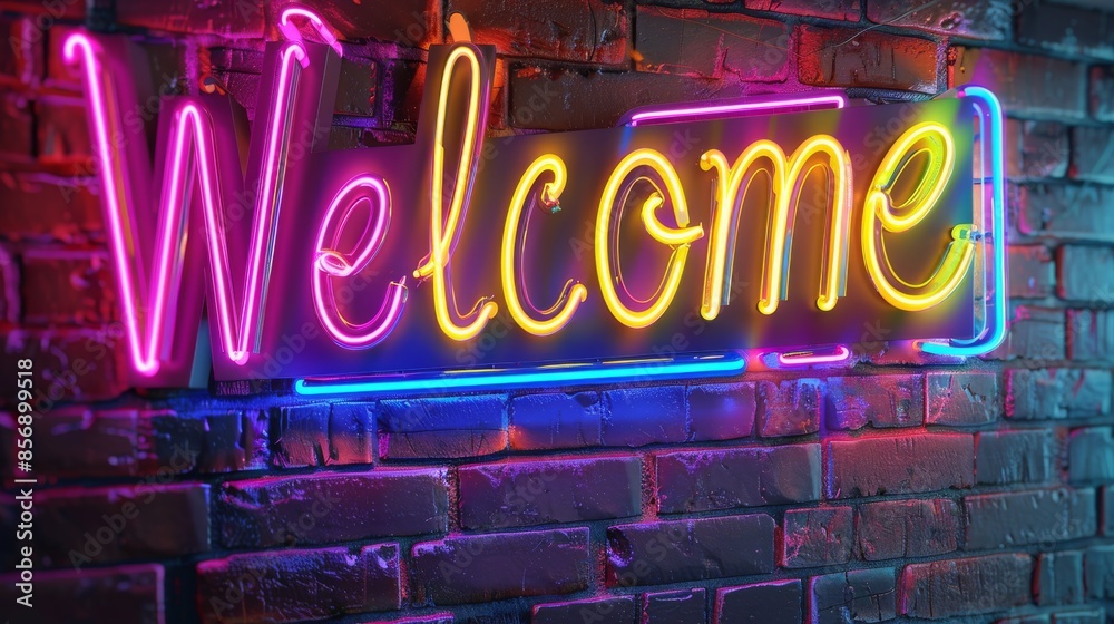 Fototapeta premium A glowing 3D neon sign with word Welcome set against a brick wall.