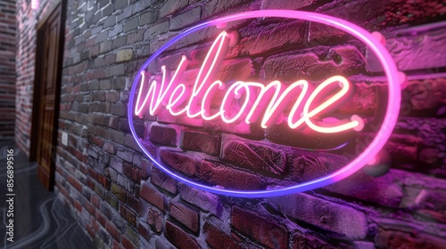 3D Neon Signn says welcome on a red brick wall in bar setting photo