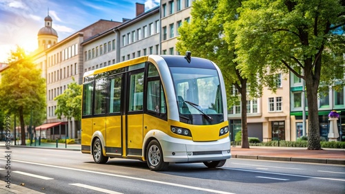 Experimental self-driving minibus of Berlin public transport (BVG) on the road in urban area, self-driving photo