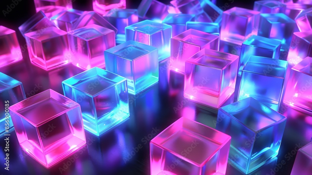 A group of blue and purple glowing cubes floating on a black background A group of blue and purple glowing cubes floating on a black background
