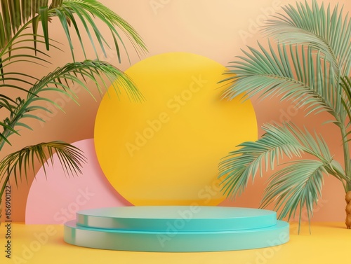 Colorful abstract summer background with podium and tropical palm leaves. Ideal for product display and creative design concepts.