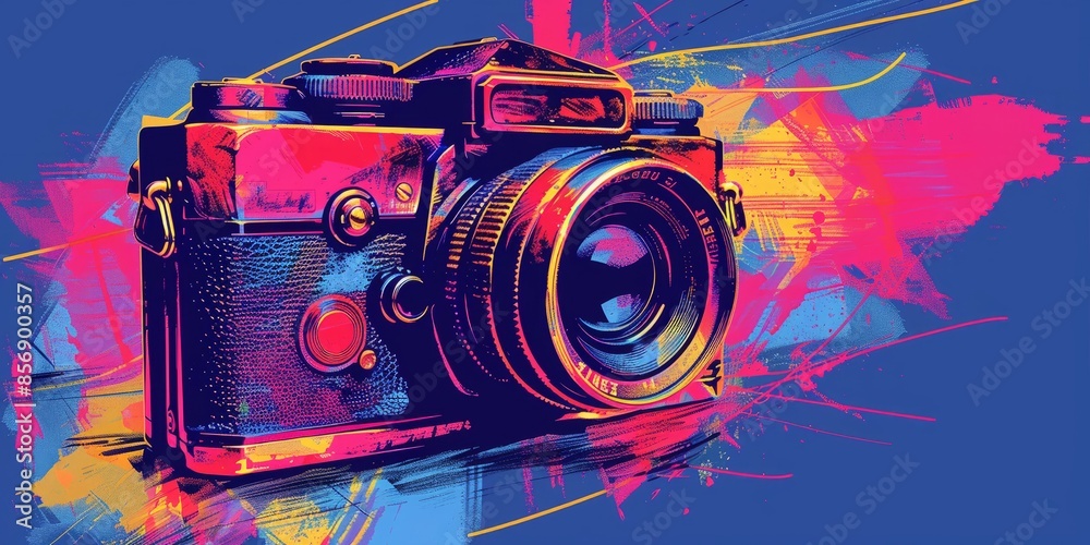 Fototapeta premium Vintage Camera in Vibrant Graffiti Art Style with Bold Colors