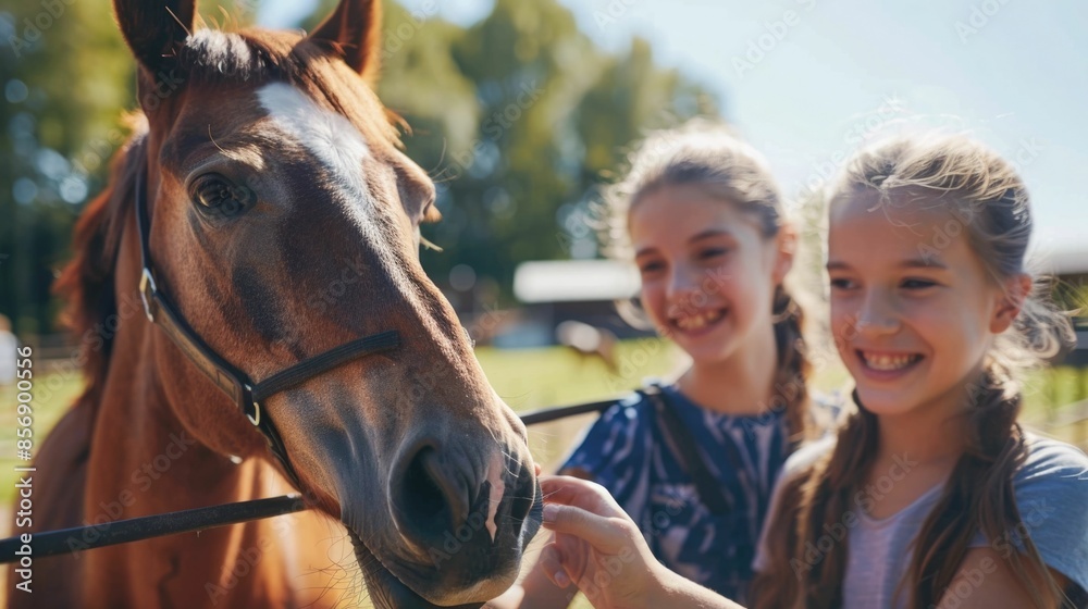 Obraz premium Smiling Family Enjoying Petting and Interacting with Friendly Chestnut Horse on Picturesque Countryside Farm