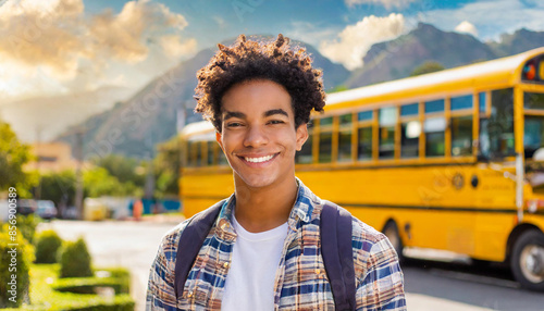 happy guy teenager schoolboy close up on blurred background of school. return to school September, knowledge day, junior high school, class, schoolchildren, students, autumn