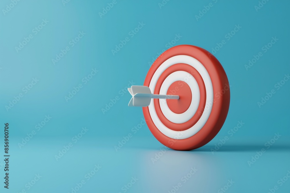 A dart hits the bullseye of a red and white target on a blue background, symbolizing precision, focus, and success. 3D Illustration. A dart hits the bullseye of a red and white target on a blue background, symbolizing precision, focus, and success. 3D Illustration.