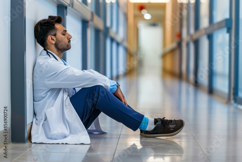 Worried doctor sitting on floor of hospital corridor
