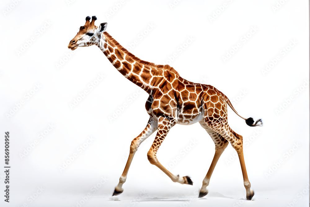 Fototapeta premium Young child giraffe running, isolated on white background