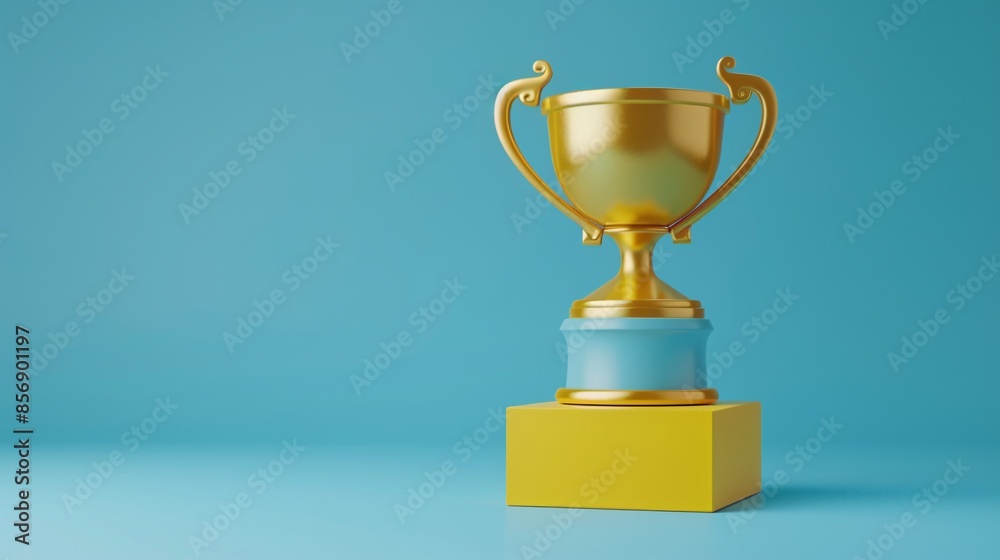 A golden trophy cup on a blue and yellow stand against a blue background, symbolizing victory, achievement, and excellence in competition. 3D Illustration. A golden trophy cup on a blue and yellow stand against a blue background, symbolizing victory, achievement, and excellence in competition. 3D Illustration.