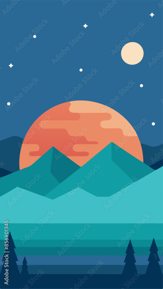 A beautiful landscape featuring mountains, trees, and a full moon in the sky A beautiful landscape featuring mountains, trees, and a full moon in the sky