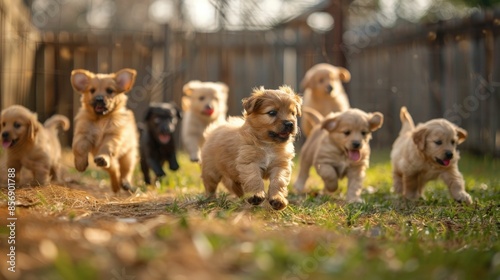 A group of adorable and playful puppies running exploring and enjoying themselves together in a fenced grassy yard under the warm sun © Intelligent Horizons
