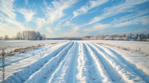 Winter scenery with snow covered ground and unique patterns Wide panoramic view with copy space © 2rogan