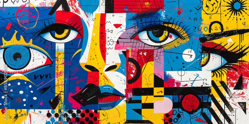 Obraz premium Colorful Abstract Faces: Vibrant Modern Art with Bold Geometric Patterns