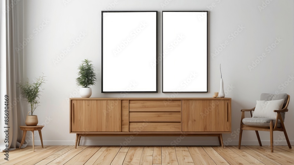 Interior home of living room with empty frame poster mock up and wooden cabinet on white wall, Scandinavian style Interior home of living room with empty frame poster mock up and wooden cabinet on white wall, Scandinavian style