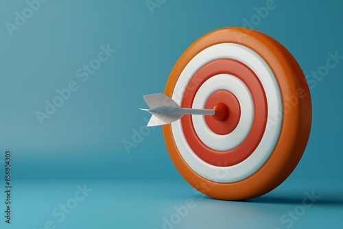 Arrow hitting the bullseye on a target isolated on blue background, symbolizing precision, accuracy, and success. 3D Illustration.