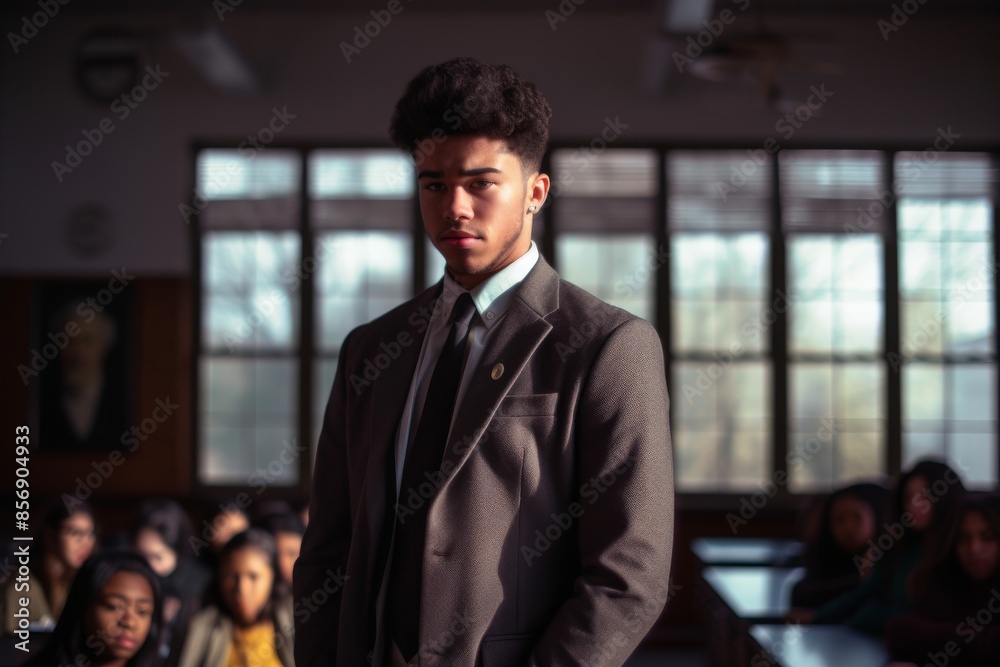 young male teacher stands confidently at the front of classroom young male teacher stands confidently at the front of classroom
