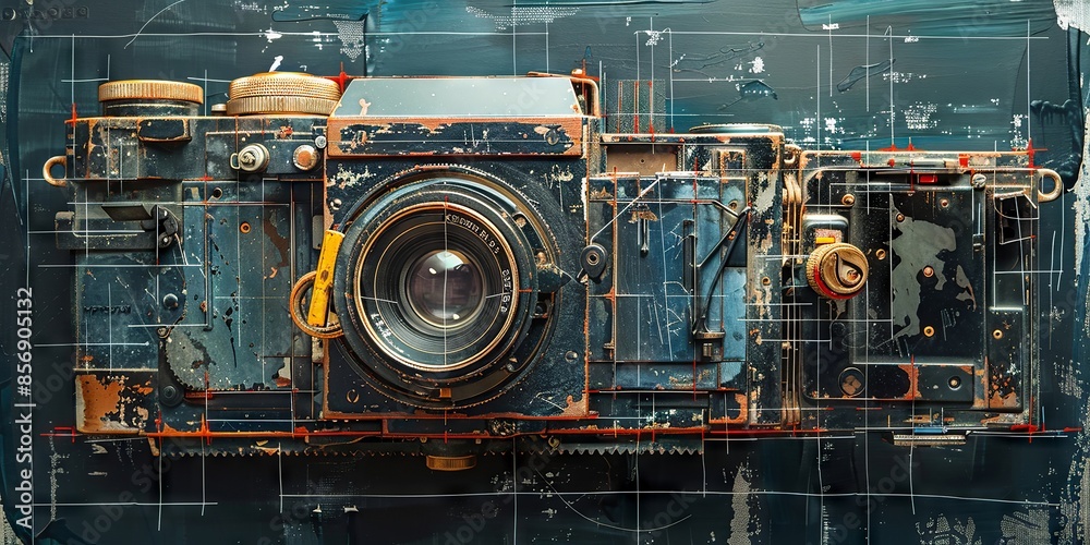 Fototapeta premium Vintage Camera: Detailed Mechanical Art Piece in Rustic Blue Shades