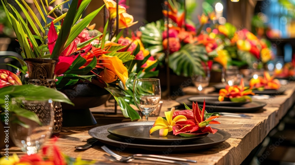 Tables made from rich dark wood reminiscent of the tropical rainforest. Each table is adorned with colorful tropical flower centerpieces. Tables made from rich dark wood reminiscent of the tropical rainforest. Each table is adorned with colorful tropical flower centerpieces.