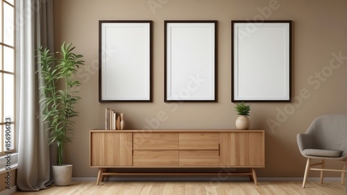 Interior home of living room with blank frame poster mock up and cabinet on brown wall copy space, hardwood floor