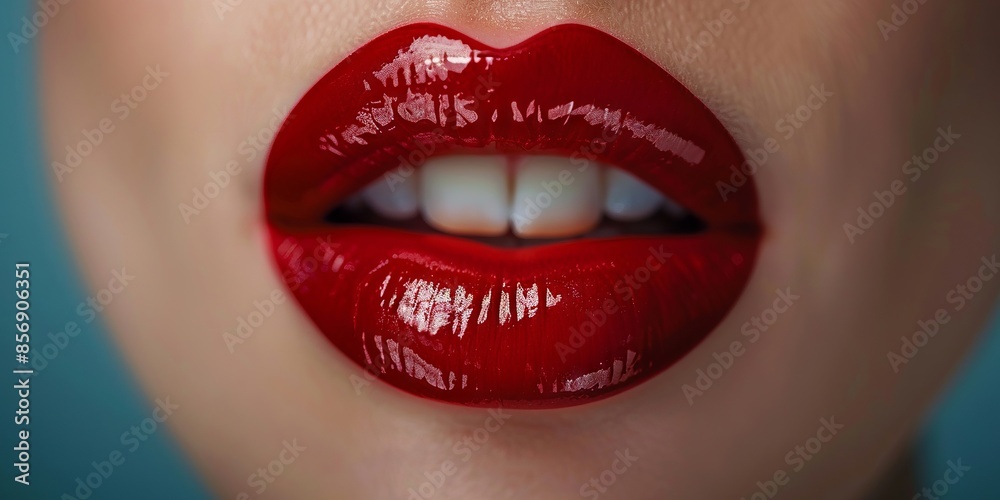 Obraz premium Close-up of Glossy Red Lips with a Teal Background