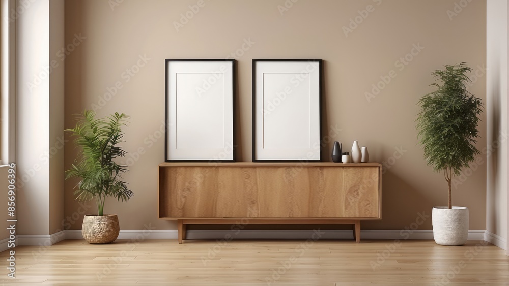 Interior home of living room with blank frame poster mock up and cabinet on brown wall copy space, hardwood floor Interior home of living room with blank frame poster mock up and cabinet on brown wall copy space, hardwood floor