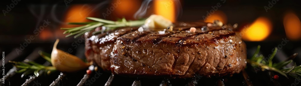 Juicy grilled steak garnished with rosemary and garlic, sizzling on the grill with flames in the background. Perfect for a culinary or barbecue concept. Juicy grilled steak garnished with rosemary and garlic, sizzling on the grill with flames in the background. Perfect for a culinary or barbecue concept.