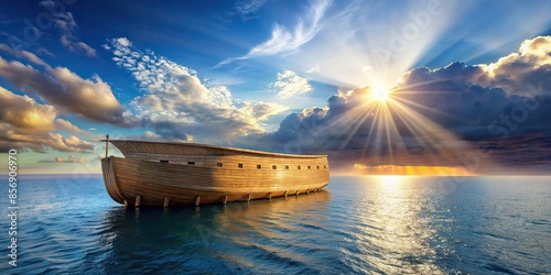 Sunlit sky over vast ocean with an elevated view of Noah's Ark , Noah's Ark, ocean, sunlit sky, elevated view, water, boat photo